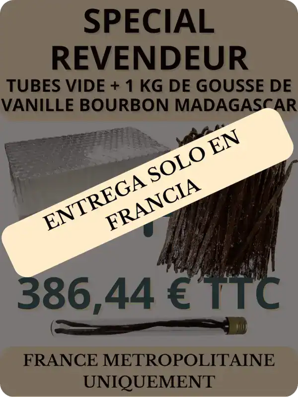 Anuncio en el que se muestra un lote: tubos vacíos y vainas de vainilla de Madagascar con un signo «+», a un precio de 318,34 € (IVA incluido) para Francia metropolitana.