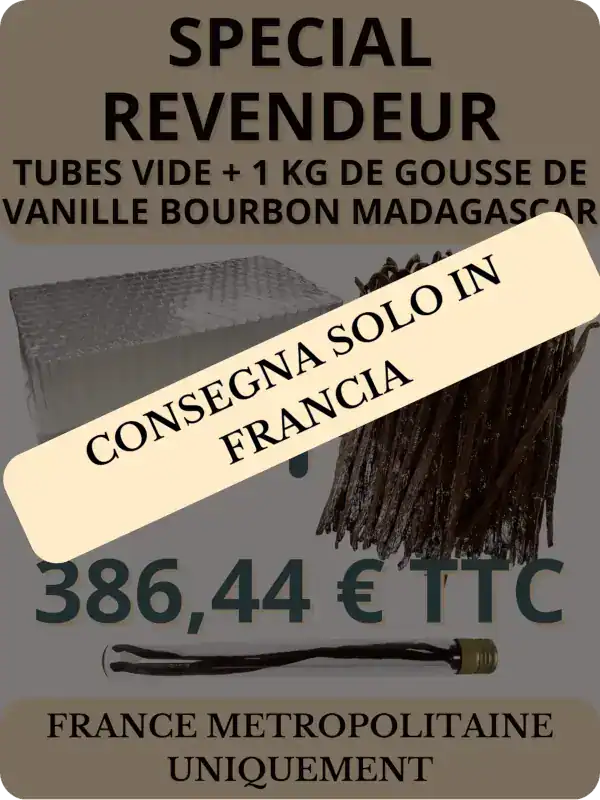 Pubblicità che mostra un pacchetto: tubetti vuoti e baccelli di vaniglia del Madagascar con il simbolo “+”, al prezzo di 318,34 € IVA inclusa per la Francia metropolitana.