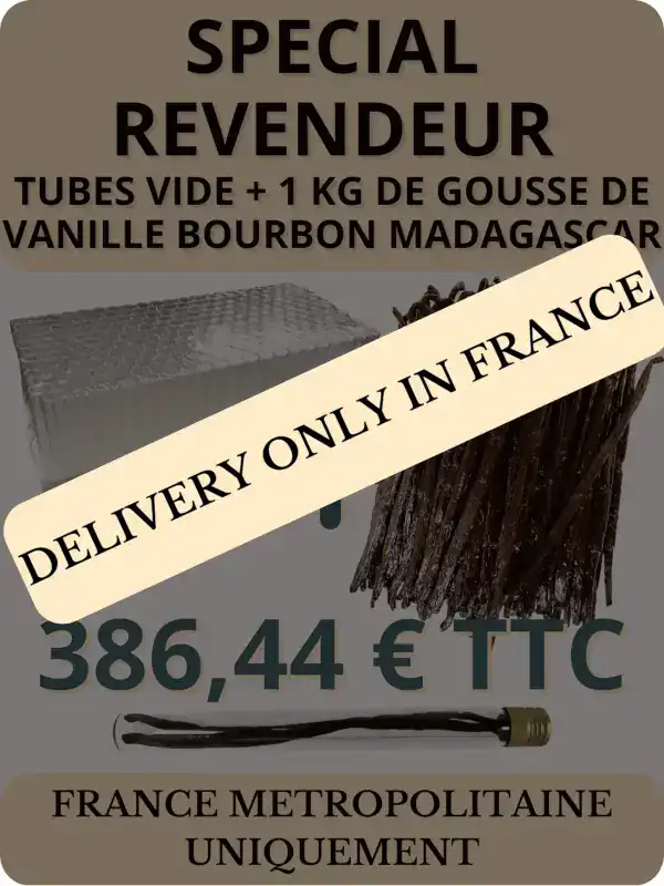 Advertisement showing a bundle: empty tubes and Madagascar vanilla beans with a “+” sign, priced at €318.34 (including tax) for mainland France.